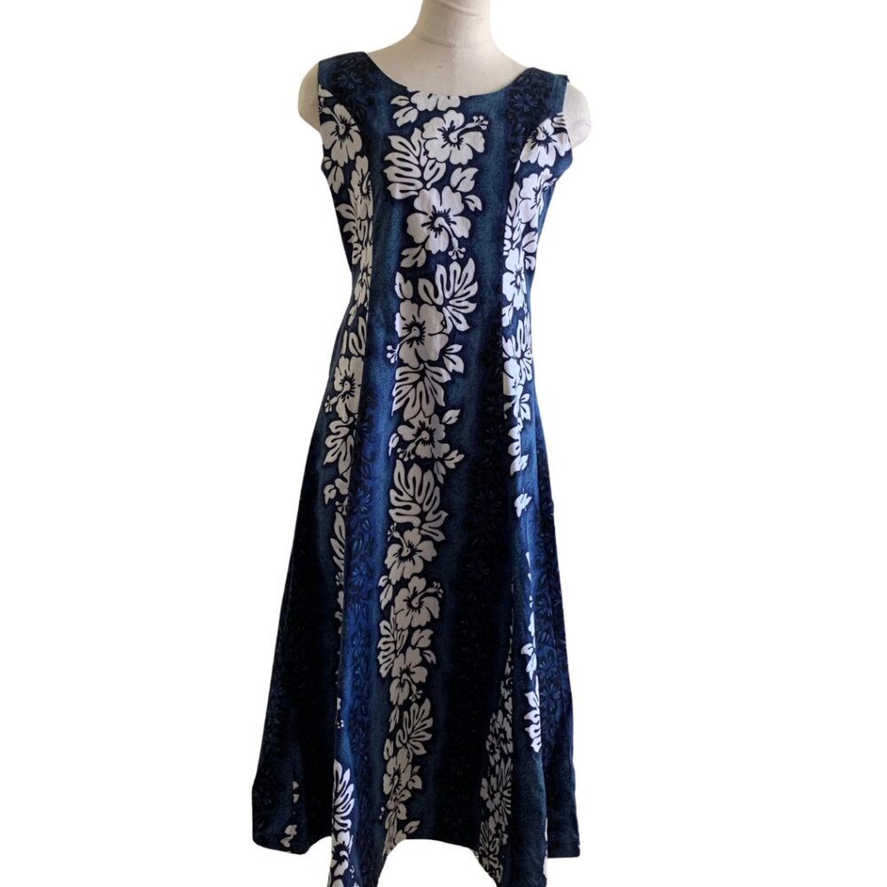 Navy Blue White Floral Hawaiian Sleeveless A-Line Dress Size S